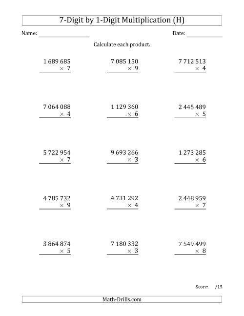 The Multiplying 7-Digit by 1-Digit Numbers with Space-Separated Thousands (H) Math Worksheet