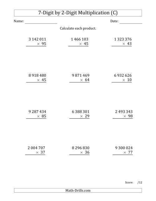 The Multiplying 7-Digit by 2-Digit Numbers with Space-Separated Thousands (C) Math Worksheet