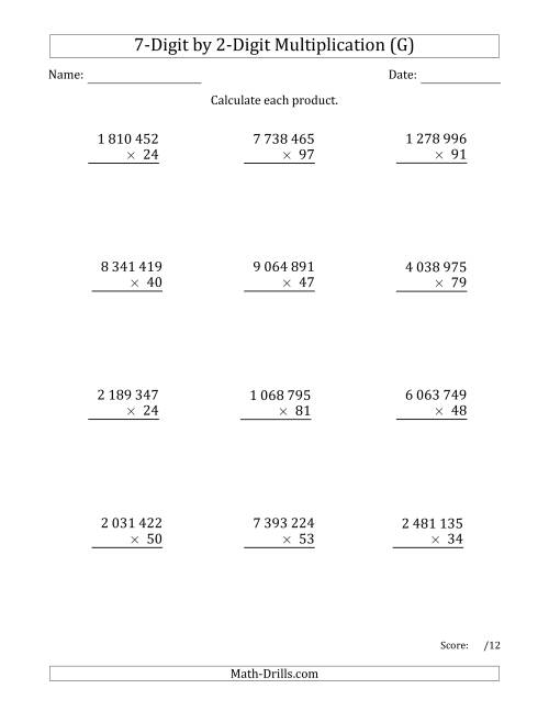 The Multiplying 7-Digit by 2-Digit Numbers with Space-Separated Thousands (G) Math Worksheet