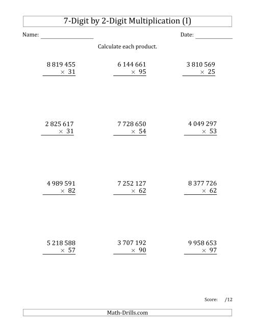 The Multiplying 7-Digit by 2-Digit Numbers with Space-Separated Thousands (I) Math Worksheet