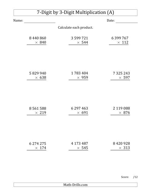 The Multiplying 7-Digit by 3-Digit Numbers with Space-Separated Thousands (A) Math Worksheet
