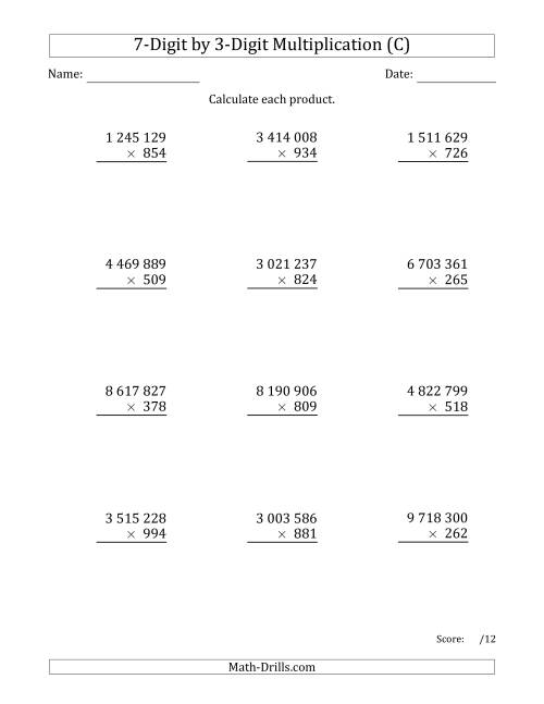 The Multiplying 7-Digit by 3-Digit Numbers with Space-Separated Thousands (C) Math Worksheet