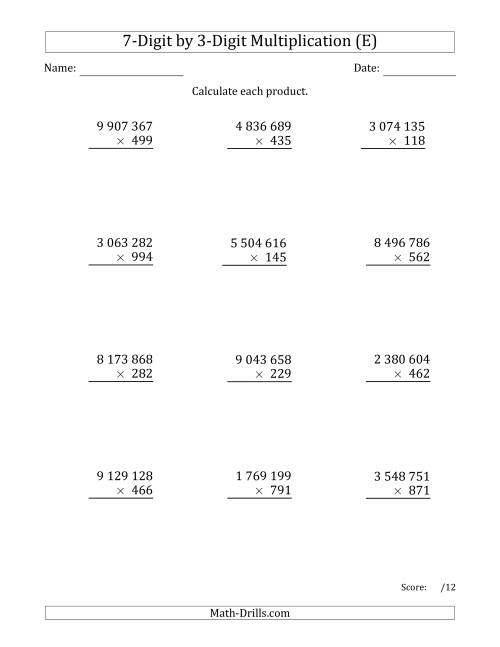 The Multiplying 7-Digit by 3-Digit Numbers with Space-Separated Thousands (E) Math Worksheet
