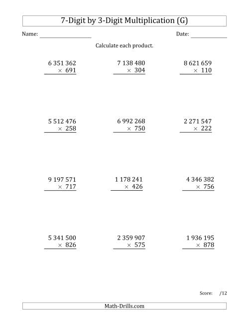 The Multiplying 7-Digit by 3-Digit Numbers with Space-Separated Thousands (G) Math Worksheet
