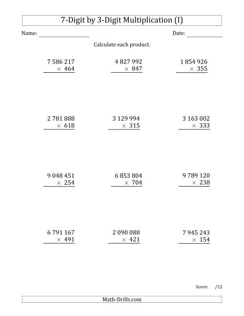 The Multiplying 7-Digit by 3-Digit Numbers with Space-Separated Thousands (I) Math Worksheet