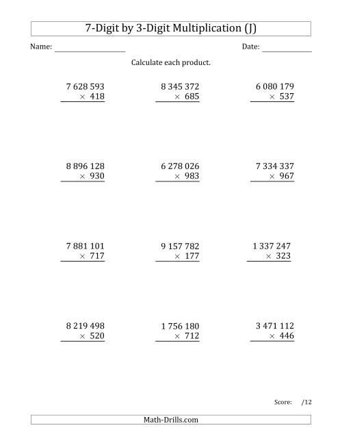 The Multiplying 7-Digit by 3-Digit Numbers with Space-Separated Thousands (J) Math Worksheet