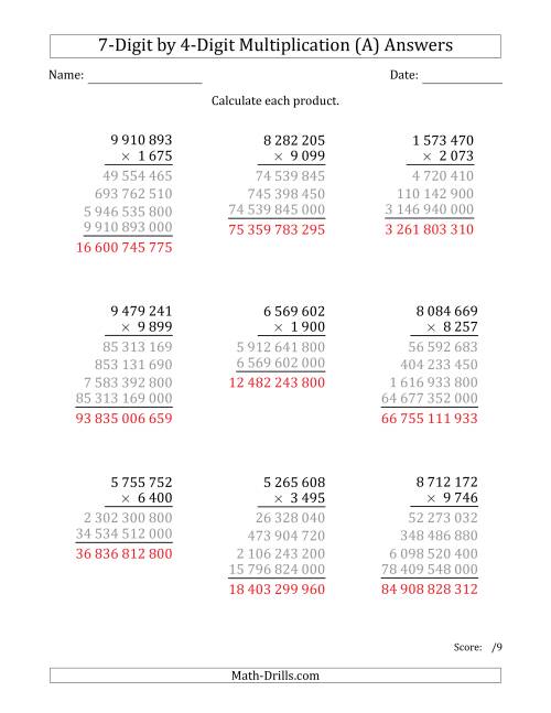 The Multiplying 7-Digit by 4-Digit Numbers with Space-Separated Thousands (A) Math Worksheet Page 2