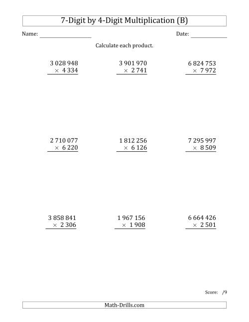The Multiplying 7-Digit by 4-Digit Numbers with Space-Separated Thousands (B) Math Worksheet