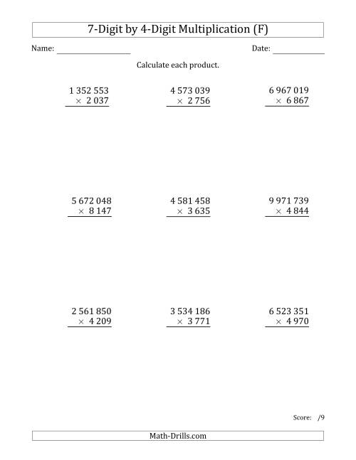 The Multiplying 7-Digit by 4-Digit Numbers with Space-Separated Thousands (F) Math Worksheet