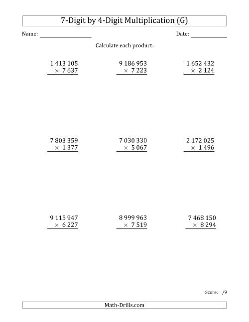 The Multiplying 7-Digit by 4-Digit Numbers with Space-Separated Thousands (G) Math Worksheet