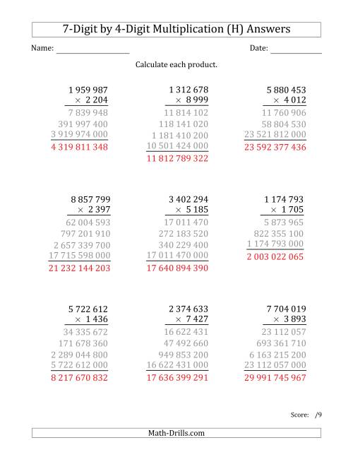 The Multiplying 7-Digit by 4-Digit Numbers with Space-Separated Thousands (H) Math Worksheet Page 2