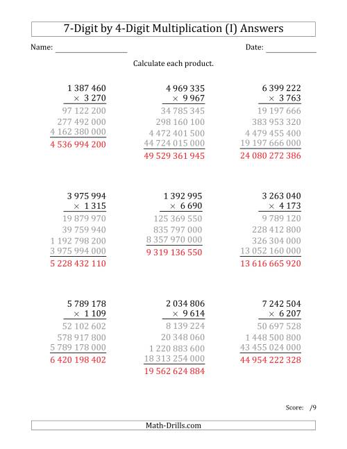 The Multiplying 7-Digit by 4-Digit Numbers with Space-Separated Thousands (I) Math Worksheet Page 2
