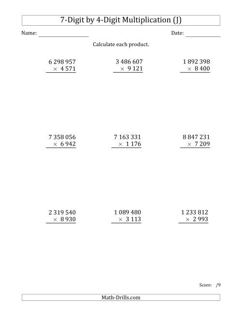 The Multiplying 7-Digit by 4-Digit Numbers with Space-Separated Thousands (J) Math Worksheet