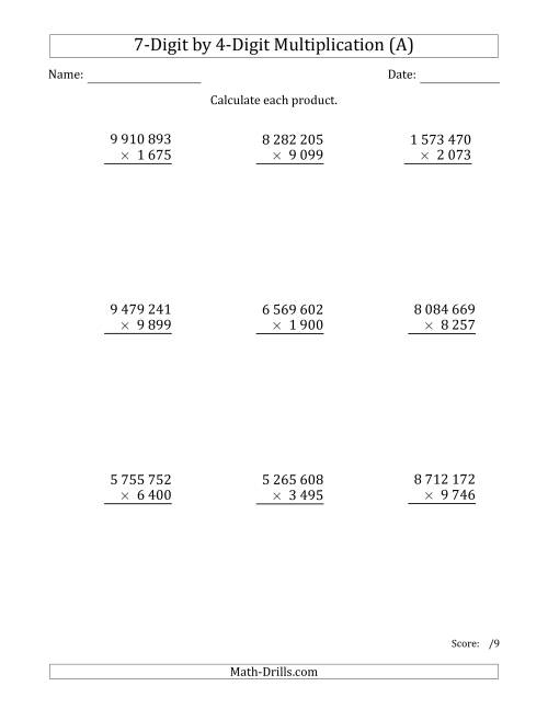The Multiplying 7-Digit by 4-Digit Numbers with Space-Separated Thousands (All) Math Worksheet