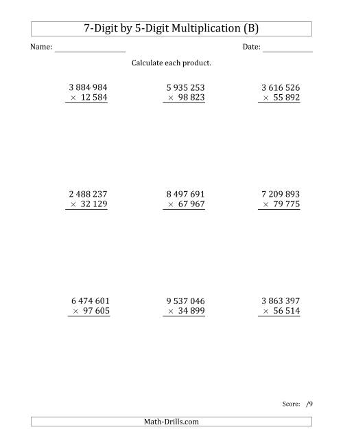 The Multiplying 7-Digit by 5-Digit Numbers with Space-Separated Thousands (B) Math Worksheet