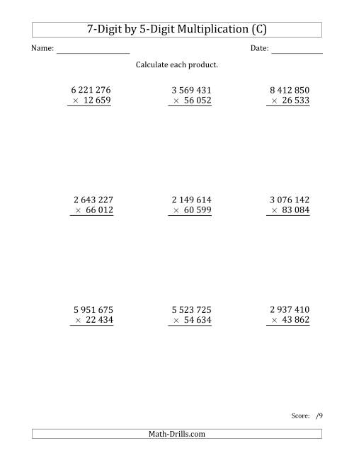 The Multiplying 7-Digit by 5-Digit Numbers with Space-Separated Thousands (C) Math Worksheet