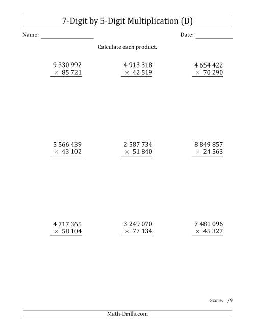 The Multiplying 7-Digit by 5-Digit Numbers with Space-Separated Thousands (D) Math Worksheet