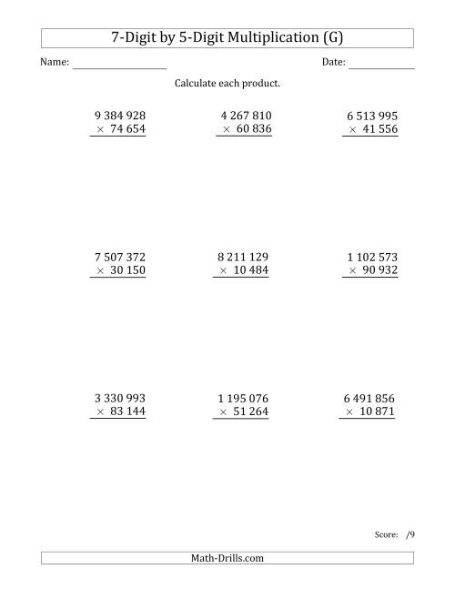 The Multiplying 7-Digit by 5-Digit Numbers with Space-Separated Thousands (G) Math Worksheet