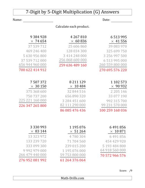 The Multiplying 7-Digit by 5-Digit Numbers with Space-Separated Thousands (G) Math Worksheet Page 2