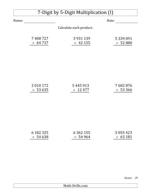 The Multiplying 7-Digit by 5-Digit Numbers with Space-Separated Thousands (I) Math Worksheet