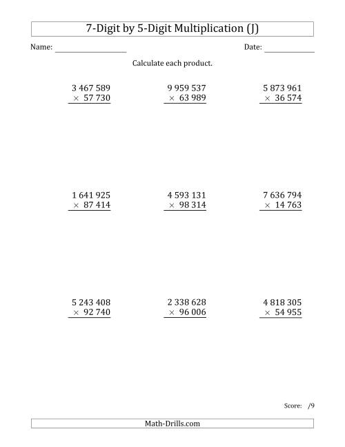 The Multiplying 7-Digit by 5-Digit Numbers with Space-Separated Thousands (J) Math Worksheet
