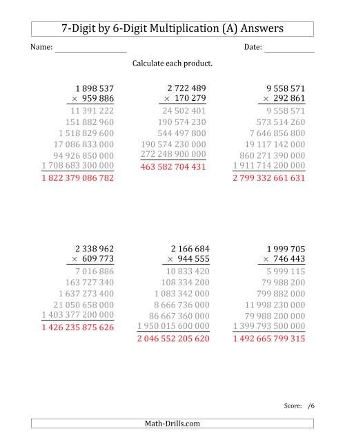 The Multiplying 7-Digit by 6-Digit Numbers with Space-Separated Thousands (A) Math Worksheet Page 2