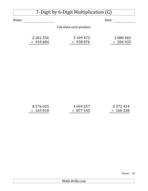 The Multiplying 7-Digit by 6-Digit Numbers with Space-Separated Thousands (G) Math Worksheet