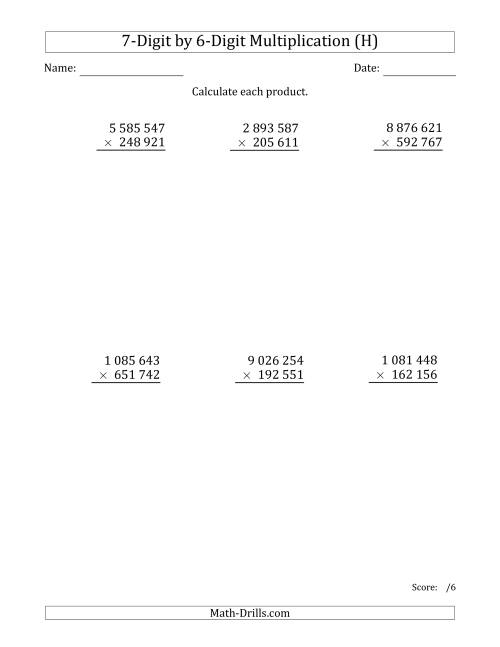 The Multiplying 7-Digit by 6-Digit Numbers with Space-Separated Thousands (H) Math Worksheet