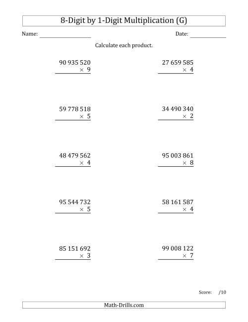 The Multiplying 8-Digit by 1-Digit Numbers with Space-Separated Thousands (G) Math Worksheet