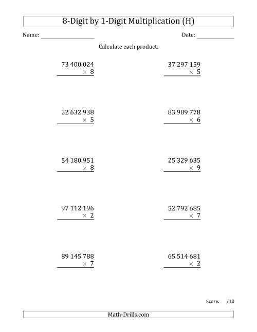 The Multiplying 8-Digit by 1-Digit Numbers with Space-Separated Thousands (H) Math Worksheet