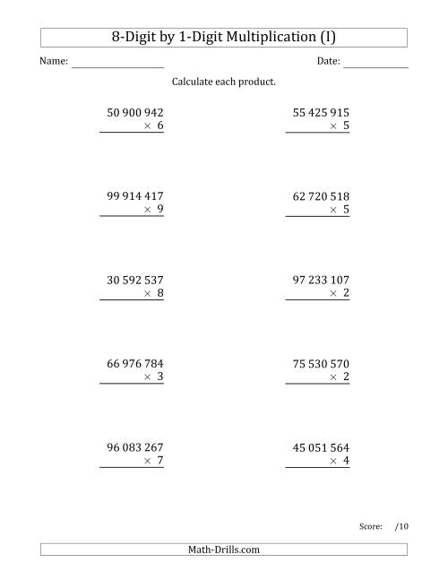 The Multiplying 8-Digit by 1-Digit Numbers with Space-Separated Thousands (I) Math Worksheet