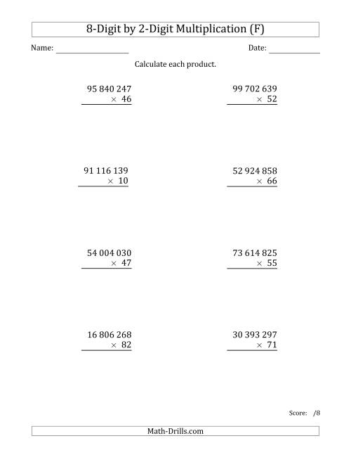 The Multiplying 8-Digit by 2-Digit Numbers with Space-Separated Thousands (F) Math Worksheet