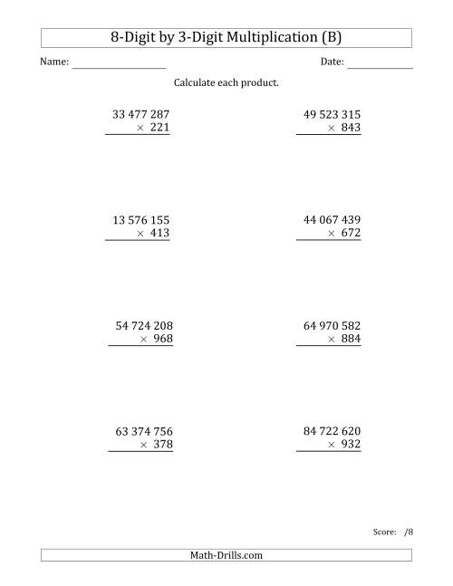 The Multiplying 8-Digit by 3-Digit Numbers with Space-Separated Thousands (B) Math Worksheet