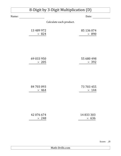 The Multiplying 8-Digit by 3-Digit Numbers with Space-Separated Thousands (D) Math Worksheet