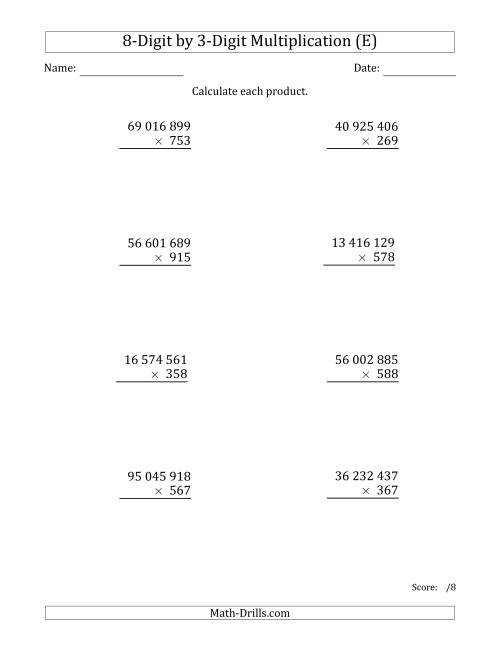 The Multiplying 8-Digit by 3-Digit Numbers with Space-Separated Thousands (E) Math Worksheet