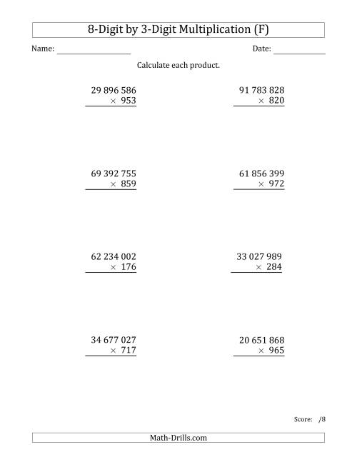 The Multiplying 8-Digit by 3-Digit Numbers with Space-Separated Thousands (F) Math Worksheet