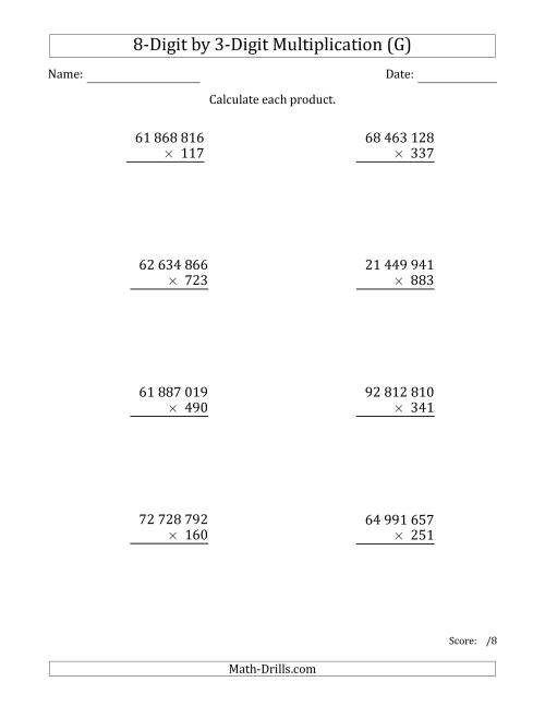 The Multiplying 8-Digit by 3-Digit Numbers with Space-Separated Thousands (G) Math Worksheet