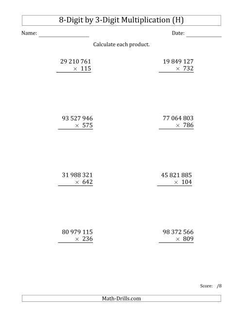 The Multiplying 8-Digit by 3-Digit Numbers with Space-Separated Thousands (H) Math Worksheet