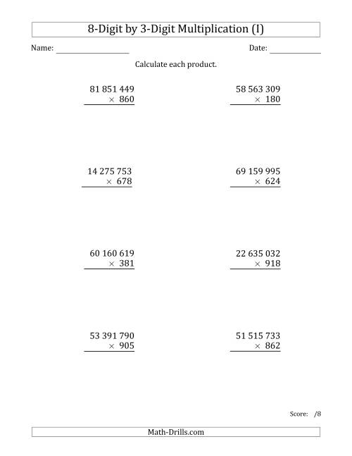 The Multiplying 8-Digit by 3-Digit Numbers with Space-Separated Thousands (I) Math Worksheet
