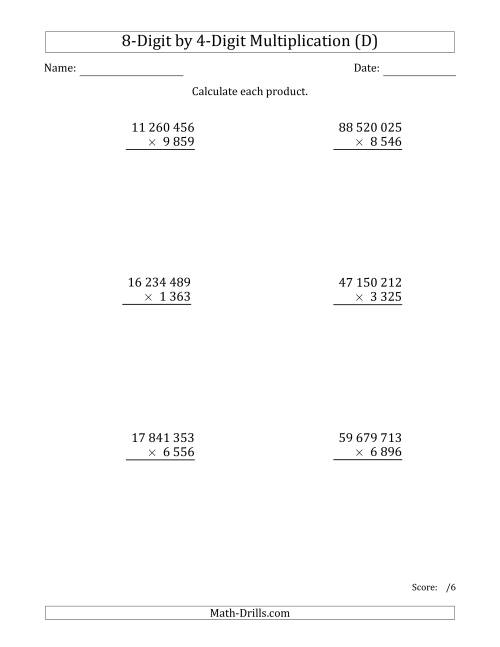 The Multiplying 8-Digit by 4-Digit Numbers with Space-Separated Thousands (D) Math Worksheet