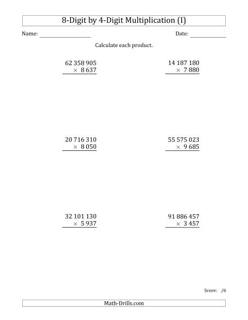 The Multiplying 8-Digit by 4-Digit Numbers with Space-Separated Thousands (I) Math Worksheet