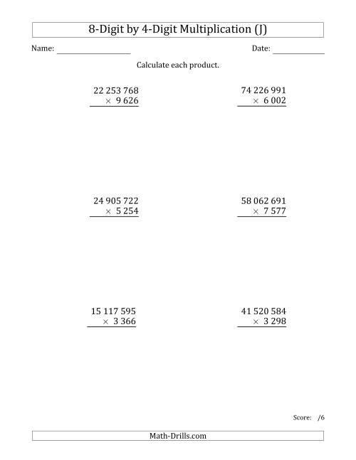 The Multiplying 8-Digit by 4-Digit Numbers with Space-Separated Thousands (J) Math Worksheet