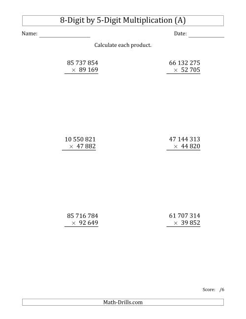 The Multiplying 8-Digit by 5-Digit Numbers with Space-Separated Thousands (A) Math Worksheet