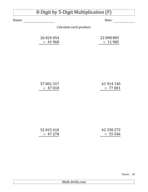 The Multiplying 8-Digit by 5-Digit Numbers with Space-Separated Thousands (F) Math Worksheet