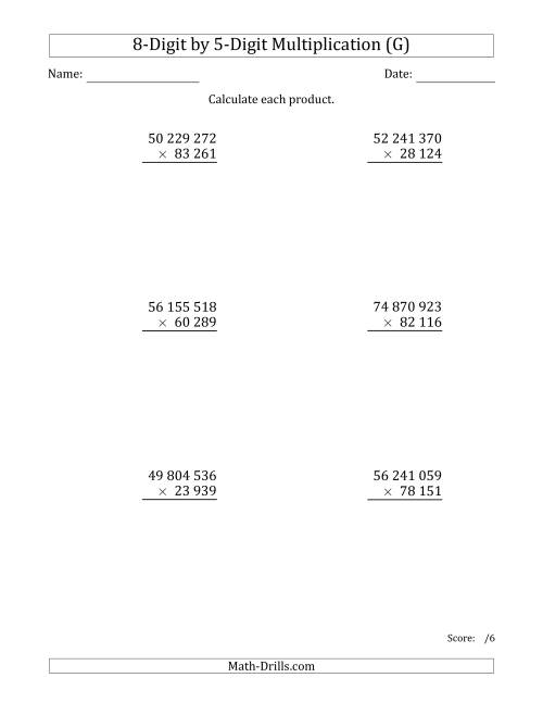 The Multiplying 8-Digit by 5-Digit Numbers with Space-Separated Thousands (G) Math Worksheet