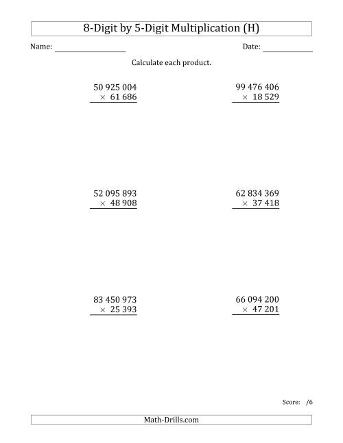 The Multiplying 8-Digit by 5-Digit Numbers with Space-Separated Thousands (H) Math Worksheet