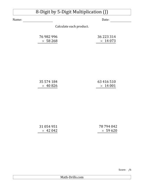The Multiplying 8-Digit by 5-Digit Numbers with Space-Separated Thousands (J) Math Worksheet