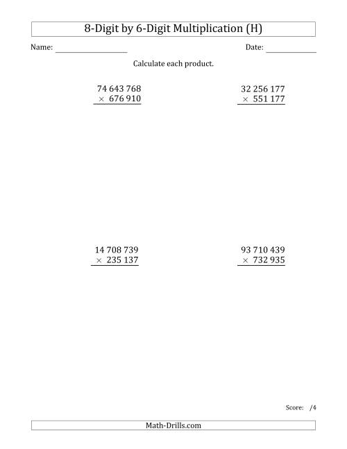 The Multiplying 8-Digit by 6-Digit Numbers with Space-Separated Thousands (H) Math Worksheet