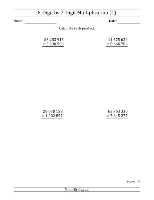 The Multiplying 8-Digit by 7-Digit Numbers with Space-Separated Thousands (C) Math Worksheet