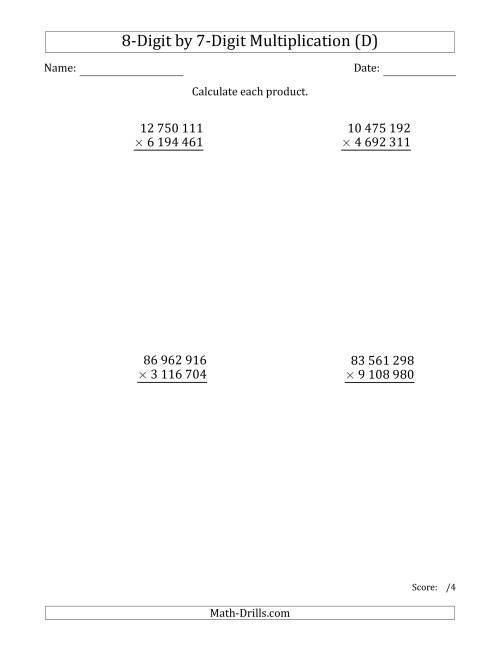 The Multiplying 8-Digit by 7-Digit Numbers with Space-Separated Thousands (D) Math Worksheet